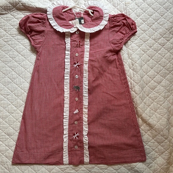 James and Lottie Crimson White gingham dress with custom embroidery